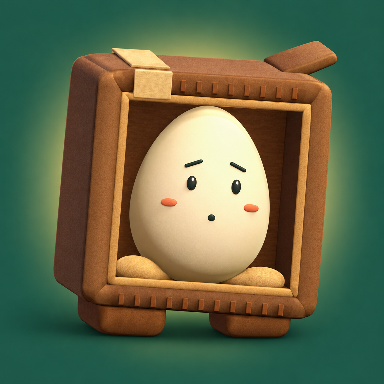 A wide-eyed egg tucked into its cardboard delivery box in Shellivery